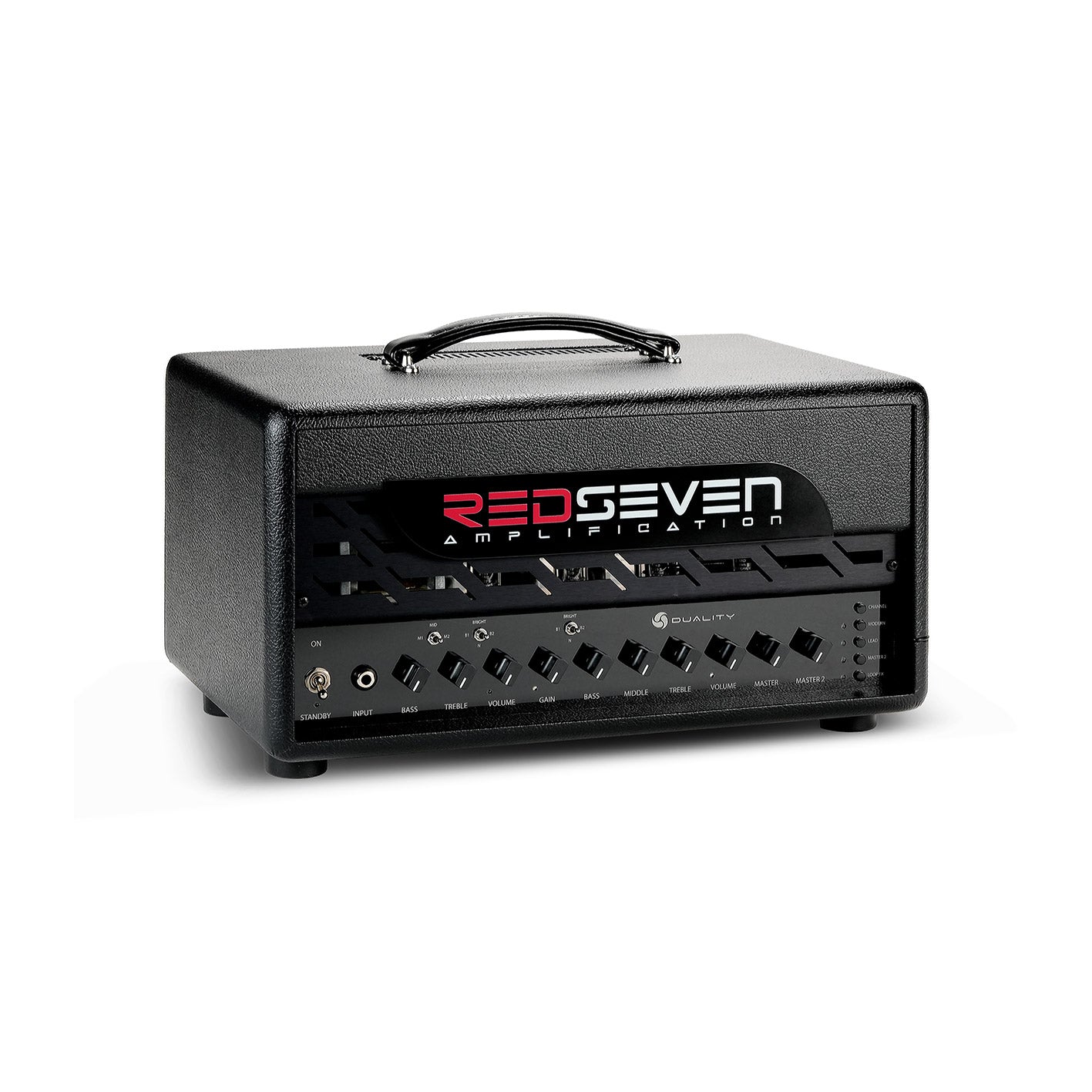 Detail of the leather handle and mounting hardware on the Duality RS amplifier