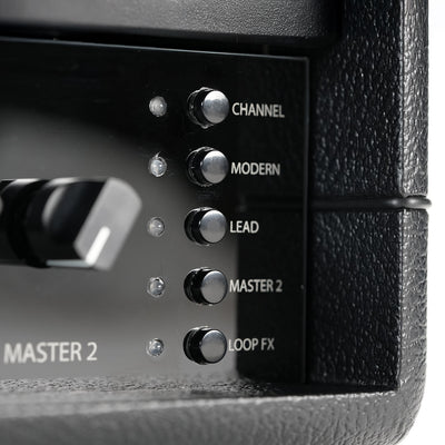 Top panel and RedSeven logo detail on the Duality RS amplifier