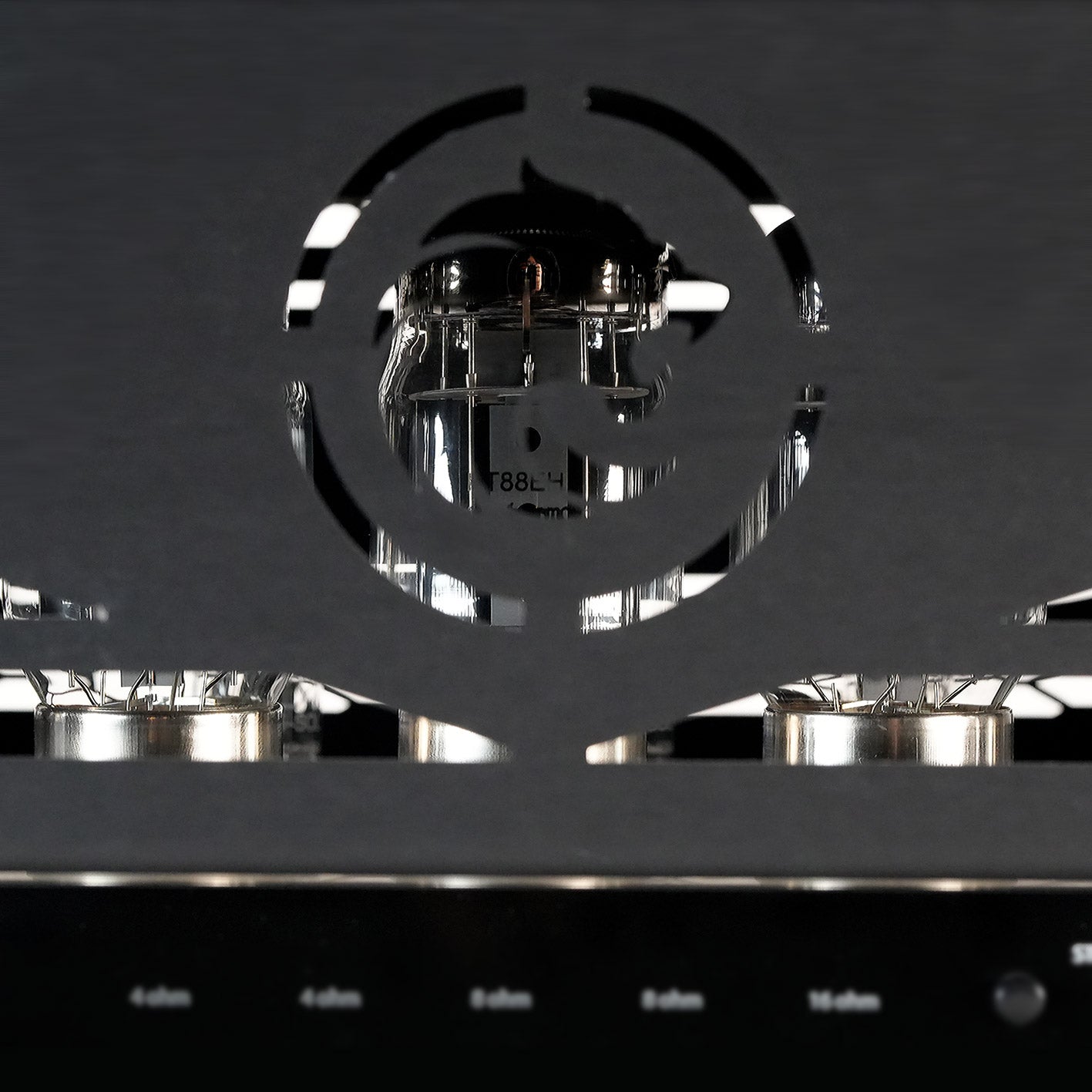 Hybrid 100 power tubes detail through RedSeven logo cutout