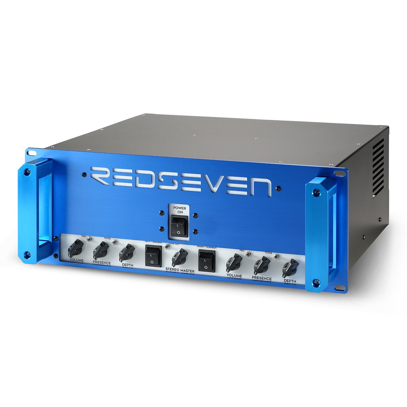 Full angled side view of the RedSeven 2/Cento Limited Edition power amplifier