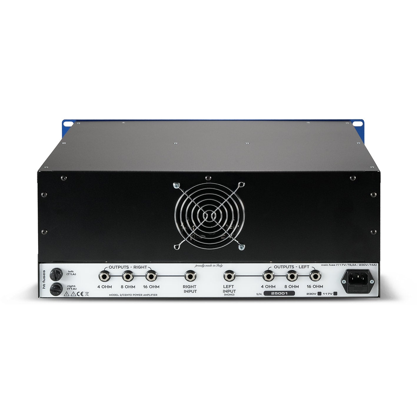 RedSeven 2/Cento Limited Edition rear panel with speaker outputs and cooling fan