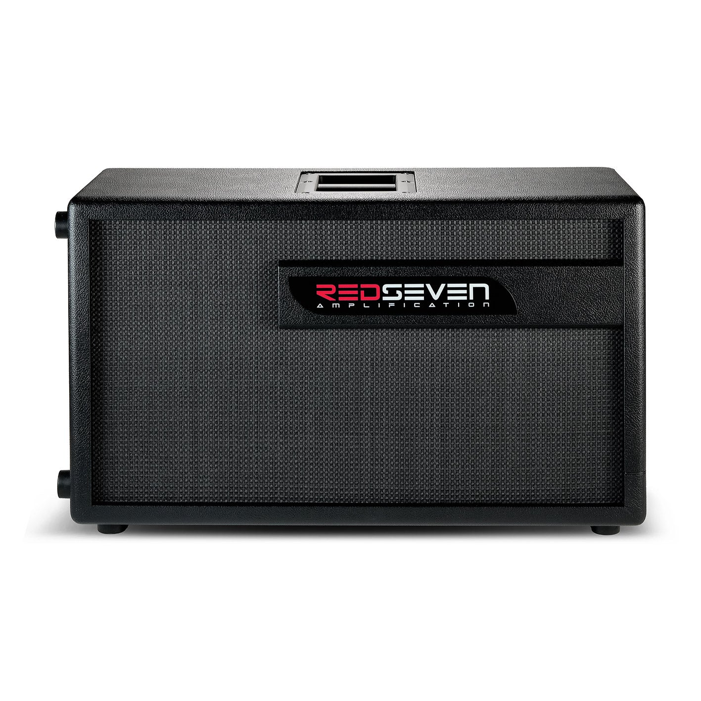 RedSeven Amplification 2x12 guitar cabinet front view with black grille and logo badge
