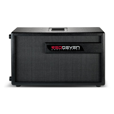 RedSeven Amplification 2x12 guitar cabinet front view with black grille and logo badge
