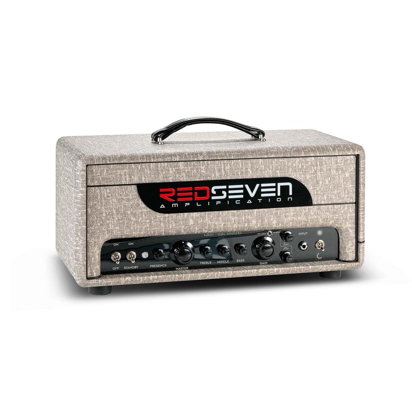 RedSeven Azary tube amplifier angled front view showing controls and Italian handcrafted design