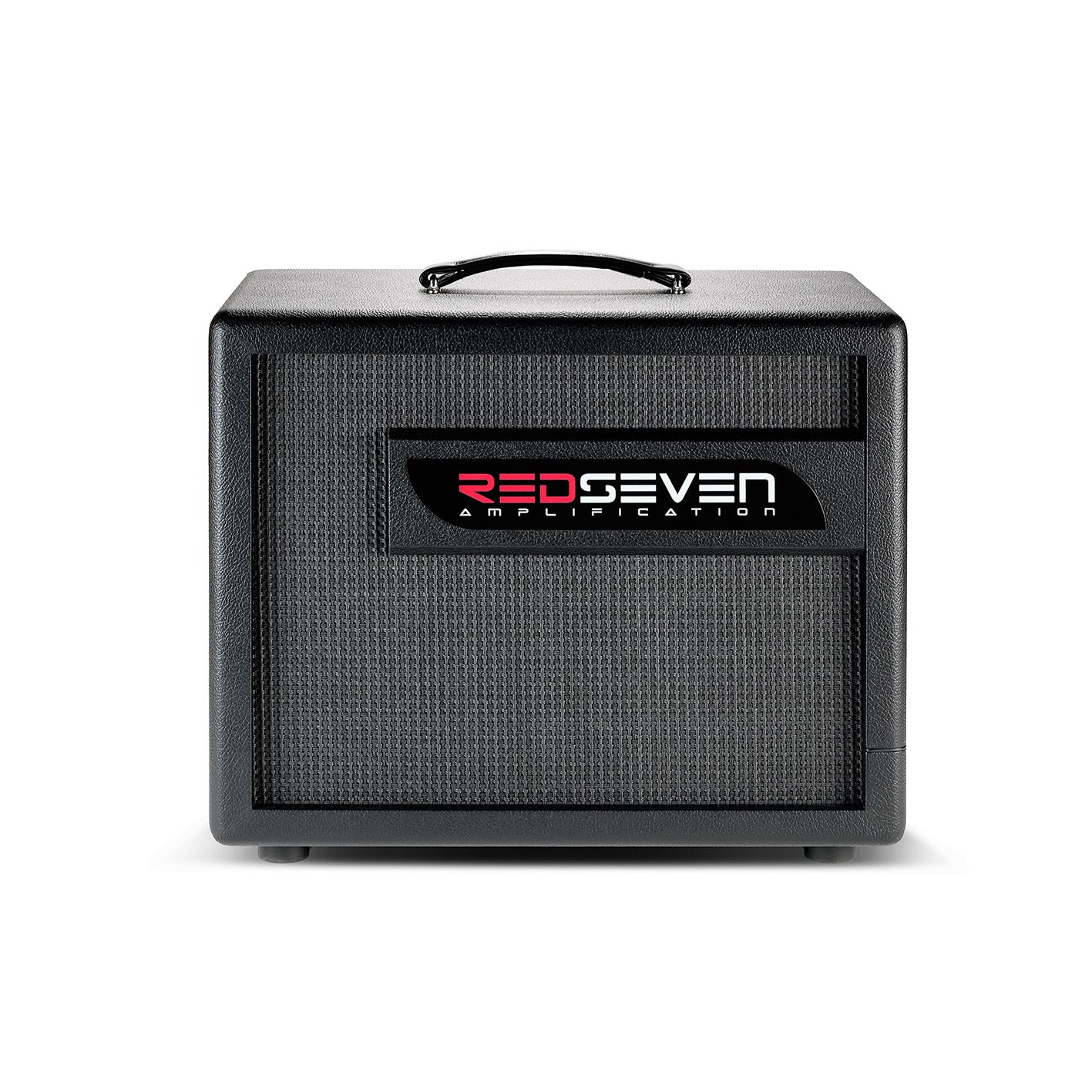 Front view of RedSeven guitar cabinet with logo and black grille cloth