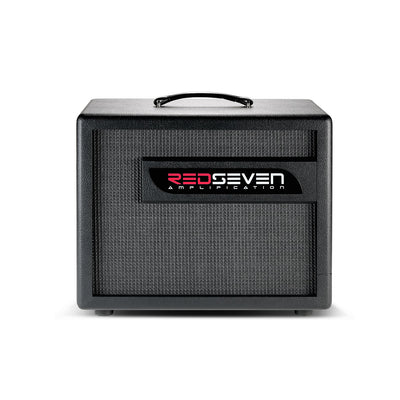 Front view of RedSeven guitar cabinet with logo and black grille cloth