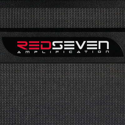 Close-up of RedSeven Amplification logo on cabinet front panel
