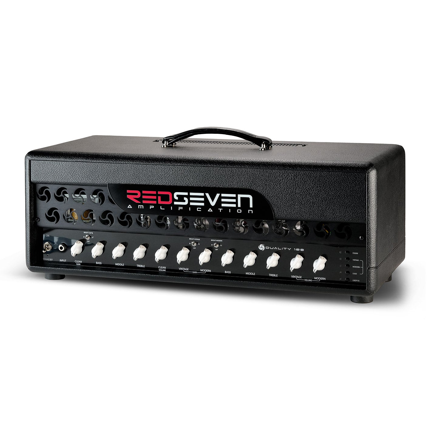 RedSeven Duality 100 three-quarter front view with white knobs and premium tube amplifier design