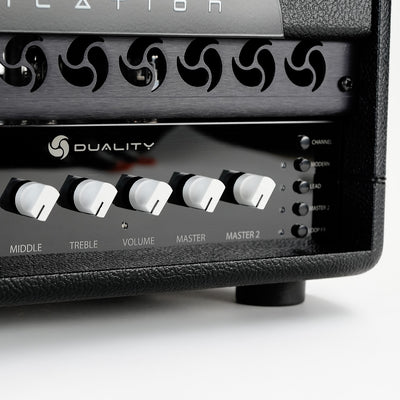 Close-up detail of the RedSeven Duality amplifier knobs and labels