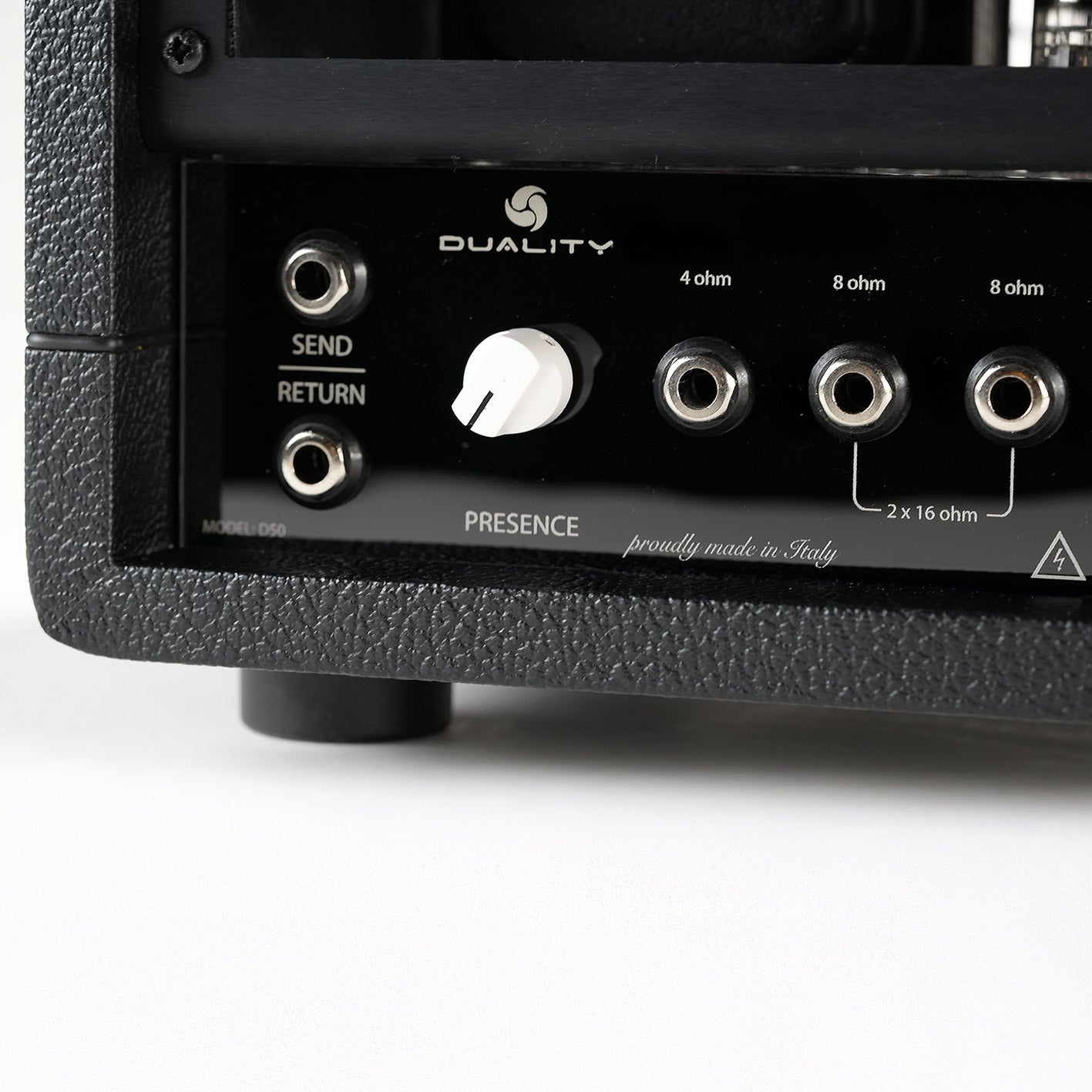 Detail of the RedSeven Duality amplifier presence knob and speaker outputs
