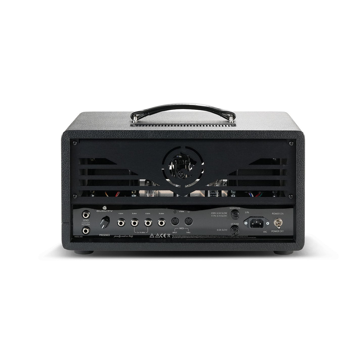 Back view of the RedSeven Duality RS amplifier with all rear controls