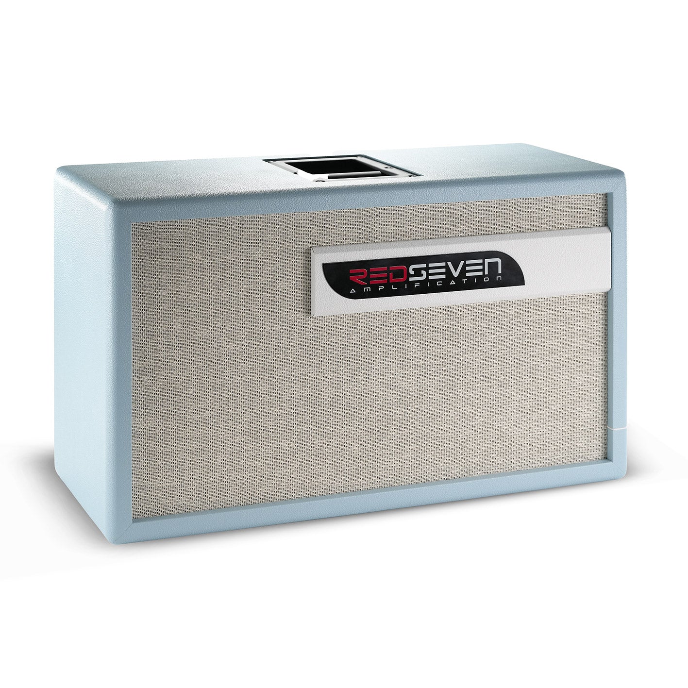 RedSeven EVO 2×12 Celeste Edition Cabinet — left angled view, matching celeste finish and cream grill