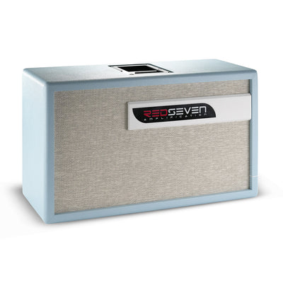 RedSeven EVO 2×12 Celeste Edition Cabinet — left angled view, matching celeste finish and cream grill