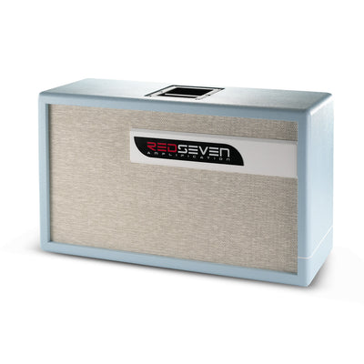 RedSeven EVO 2×12 Celeste Edition Cabinet — angled view, celeste blue tolex with vintage cream grill cloth