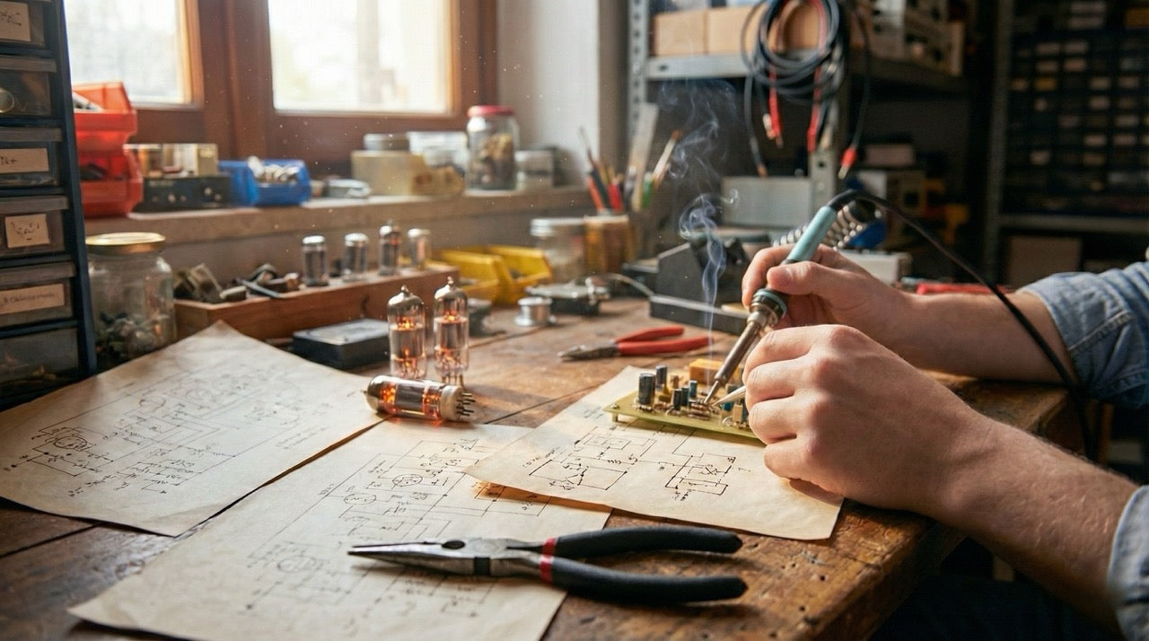Italian handcrafted amplifier workshop with artisan hands, glowing vacuum tubes and circuit schematics — RedSeven Amplification