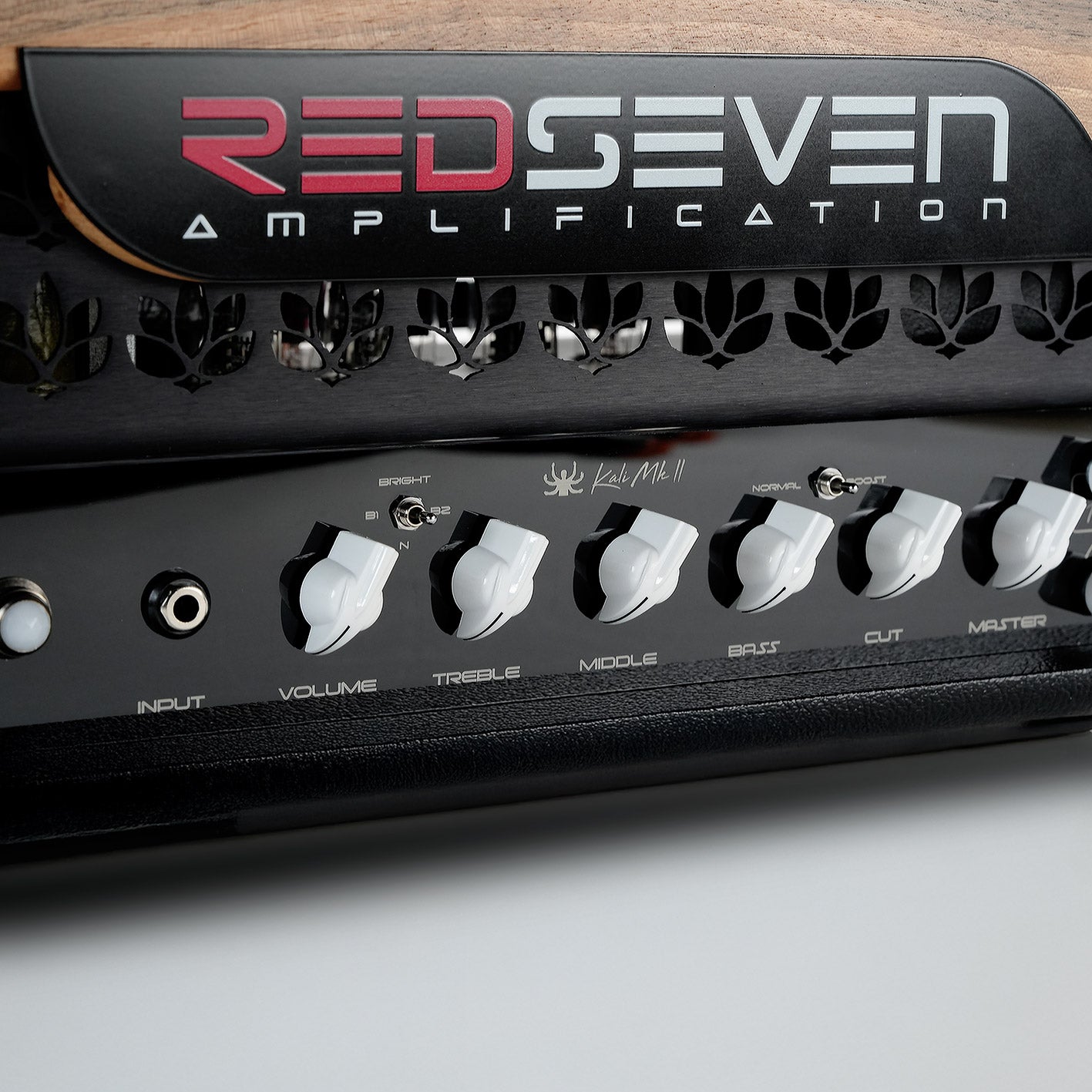 Kali MkII front control panel close-up showing volume, treble, middle and bass knobs