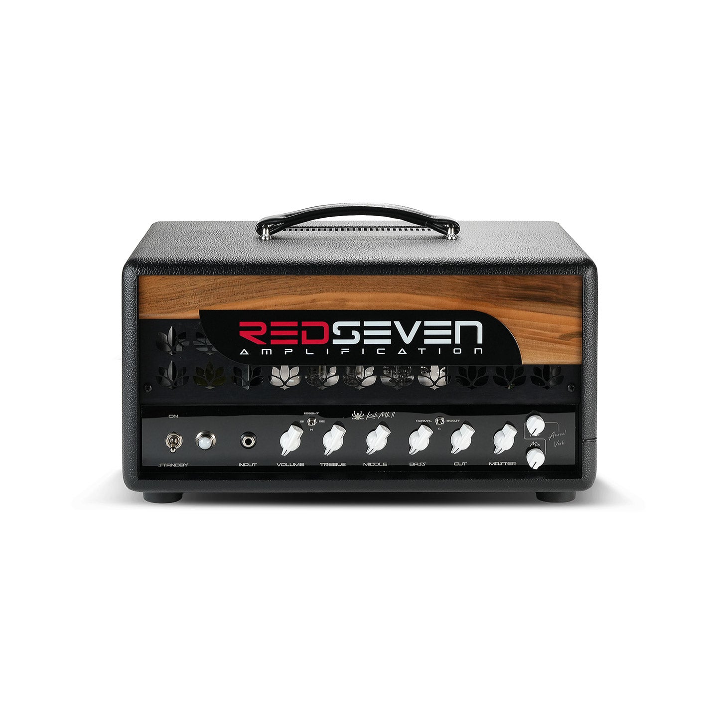 RedSeven Kali MkII guitar amplifier – full front view with walnut panel and control knobs