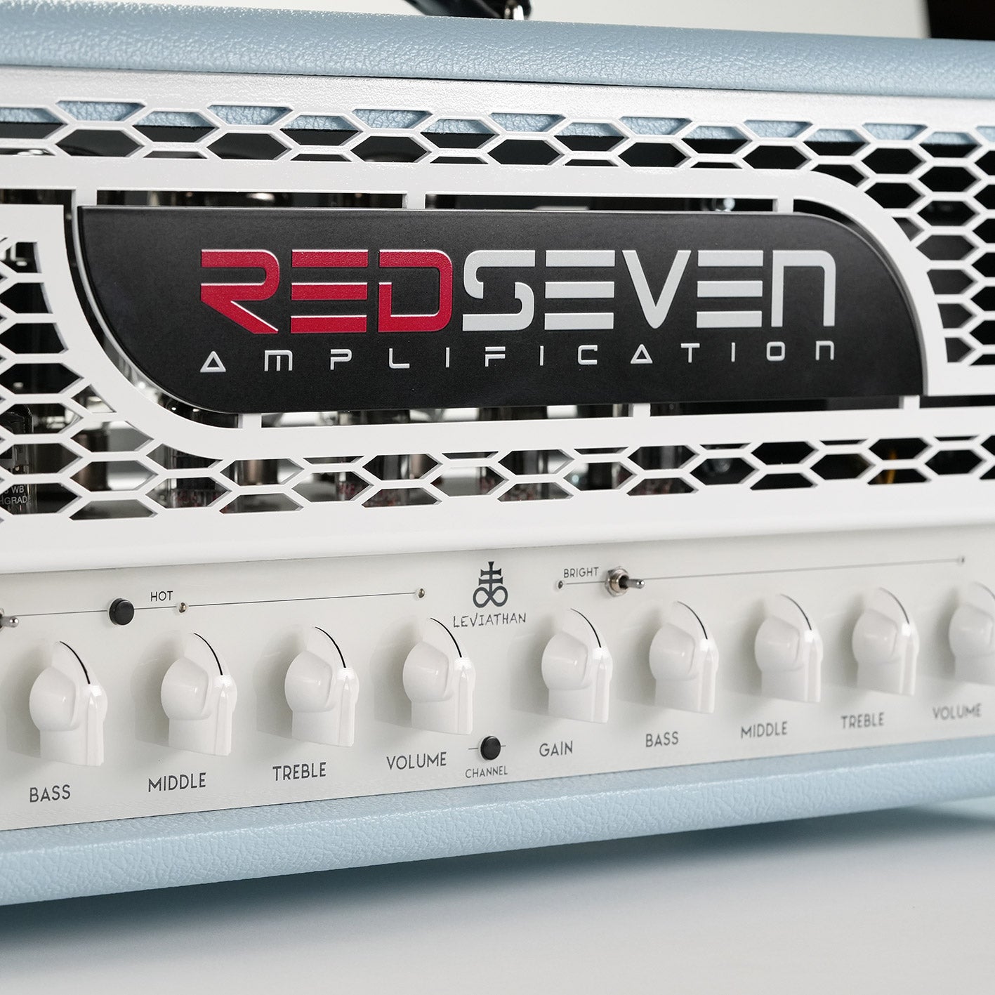 Leviathan Celeste Edition — full angled view from left, blue tolex and chrome grill