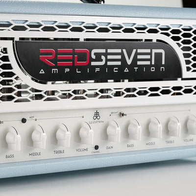 Leviathan Celeste Edition — full angled view from left, blue tolex and chrome grill