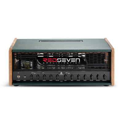 RedSeven Leviathan Forest Edition — 120W KT88 tube amp head, front view, forest green tolex with natural wood side panels