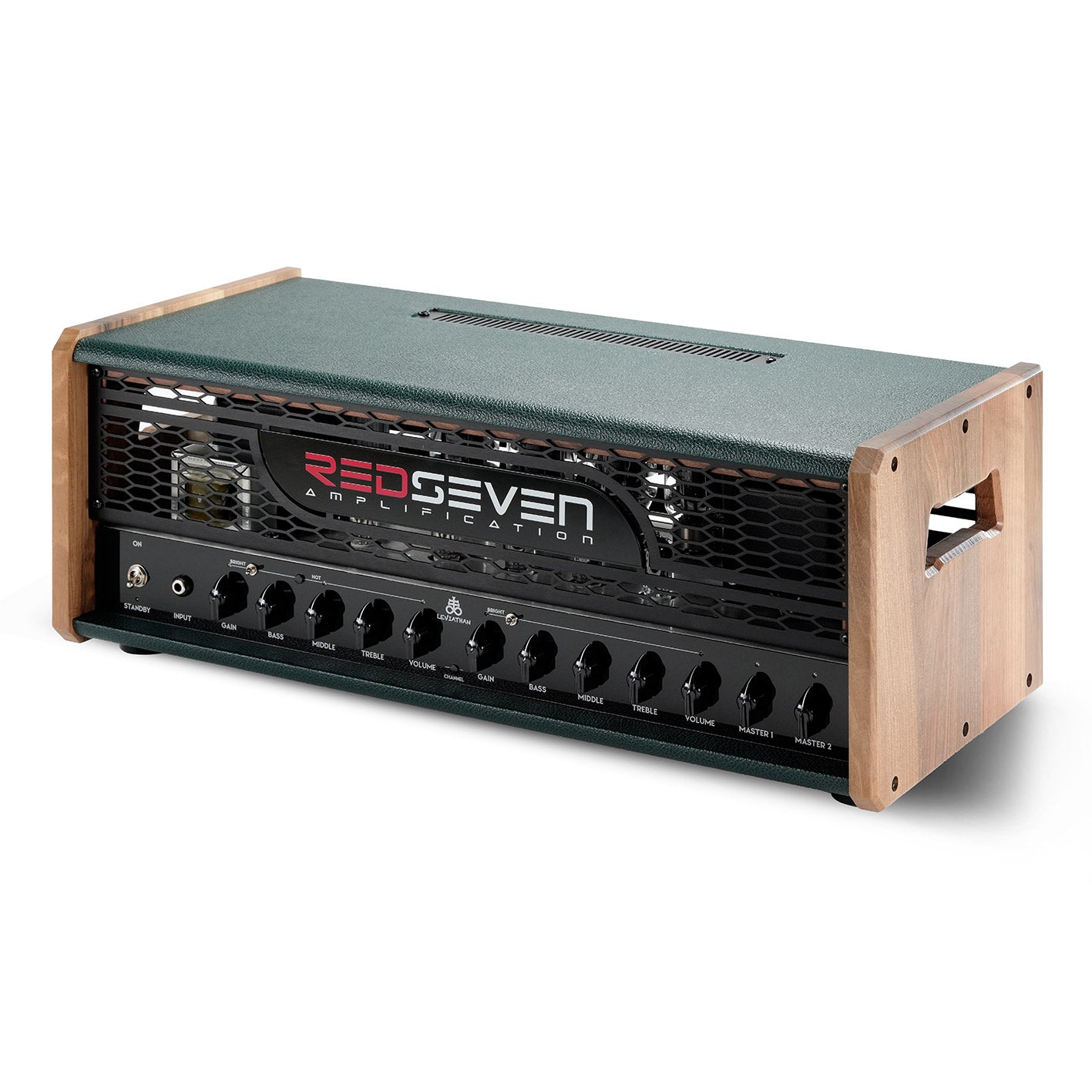 RedSeven Leviathan Forest Edition — angled view showing green tolex body and natural wood panel with integrated carved handle