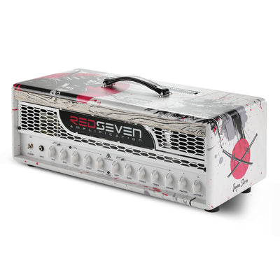 RedSeven Leviathan Japan Serie Bushido Edition — 120W KT88 tube amp head, full angled view, samurai ink art on white finish