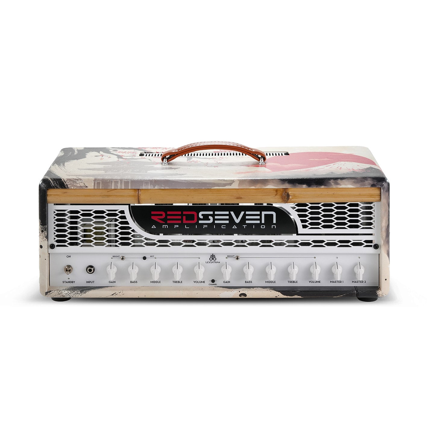 RedSeven Leviathan Japan Serie Koi Edition — 120W KT88 tube amp head, front view, Japanese landscape on cream tolex with bamboo trim