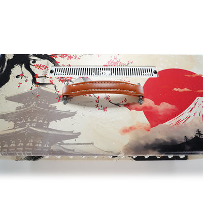 Leviathan Japan Serie Koi — top panel overhead, tan leather handle, full landscape with pagoda and Fuji