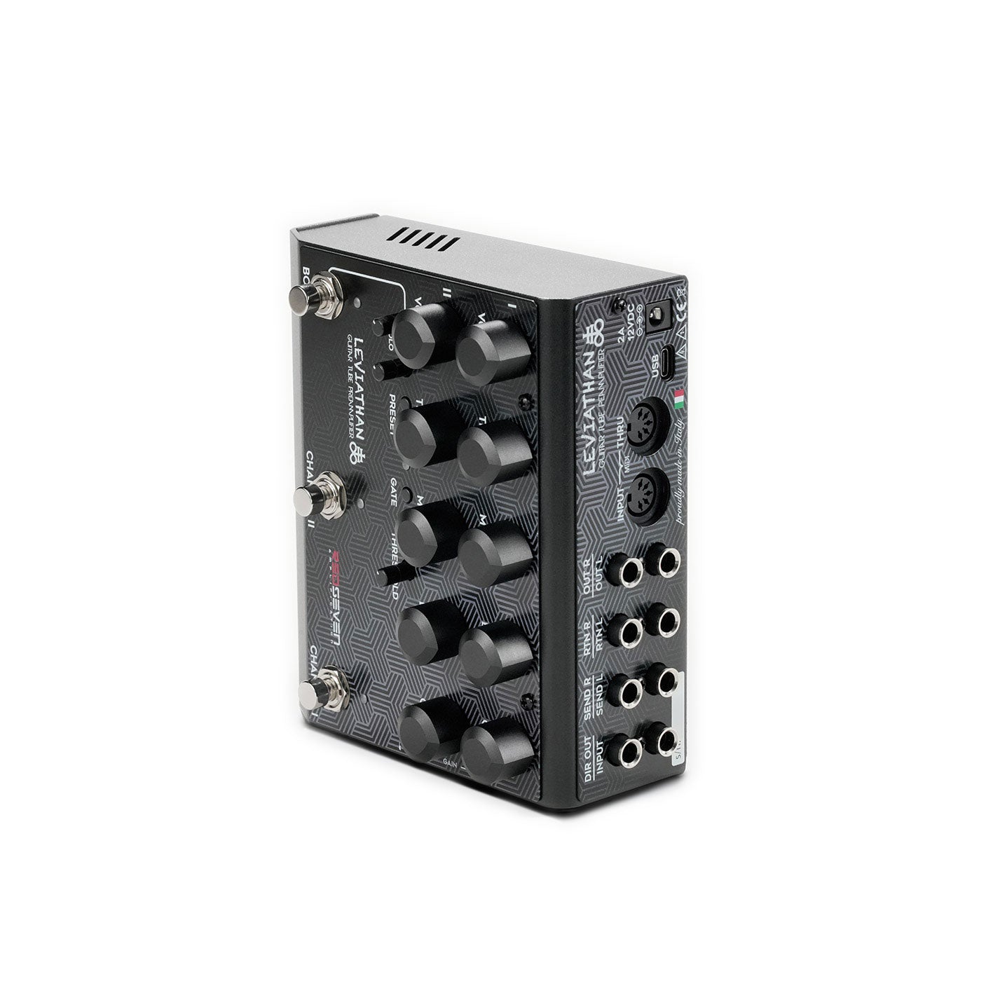 Standing back view of RedSeven Leviathan Preamp Pedal showing all rear outputs and power input