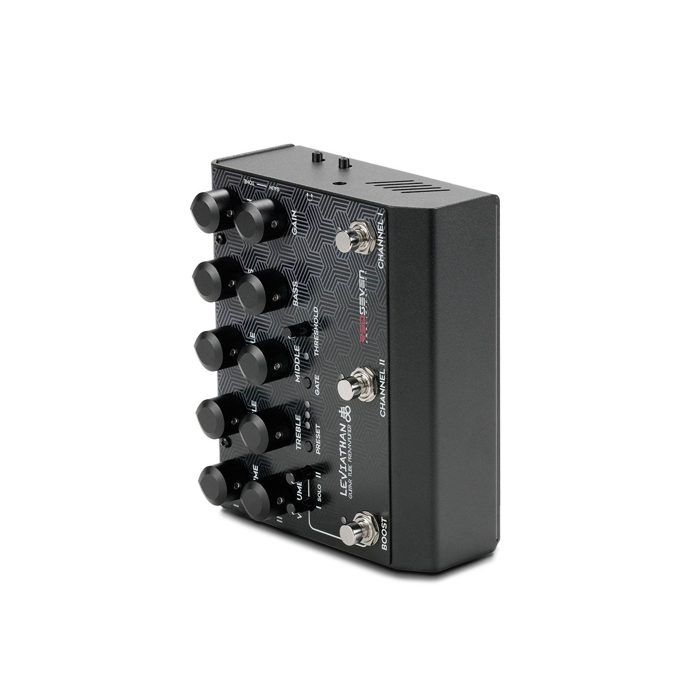 Leviathan Preamp Pedal by RedSeven, standing three-quarter angle emphasizing compact build