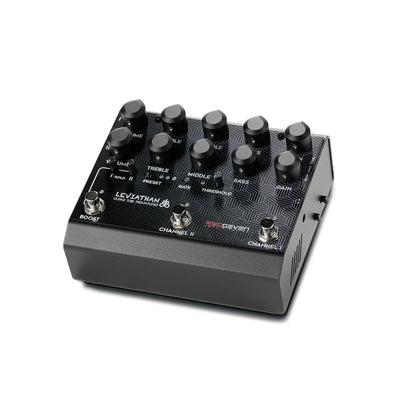 RedSeven Leviathan Preamp Pedal right three-quarter perspective with visible footswitches and dials