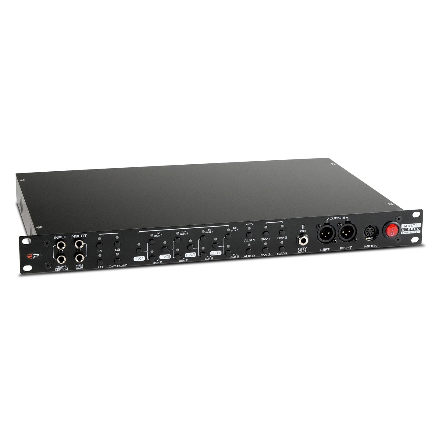 RedSeven Multi Stereo Line Mixer angled front view professional rack line mixer
