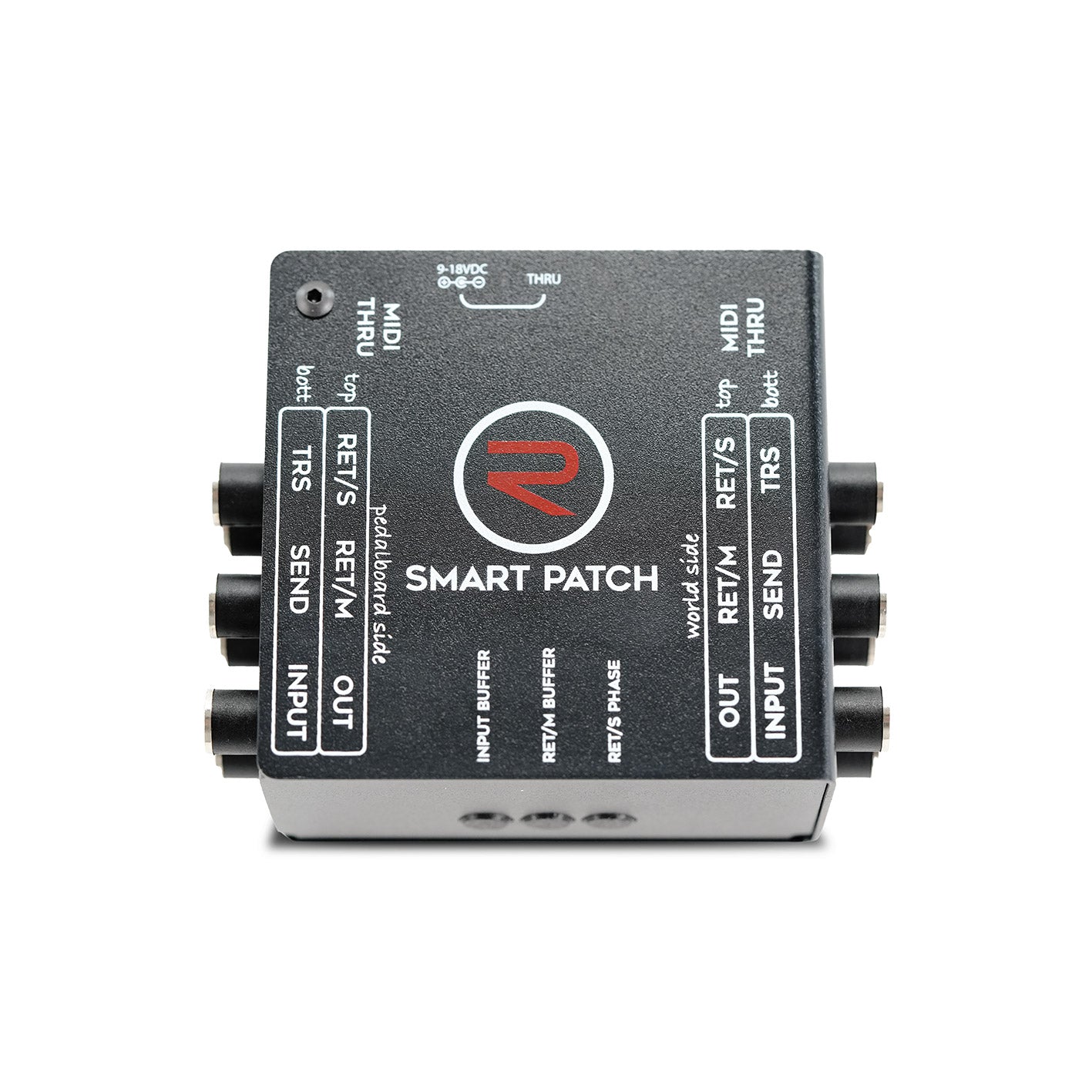 RedSeven Smart Patch front view – complete labeling of pedalboard side and world side inputs, outputs, send and return