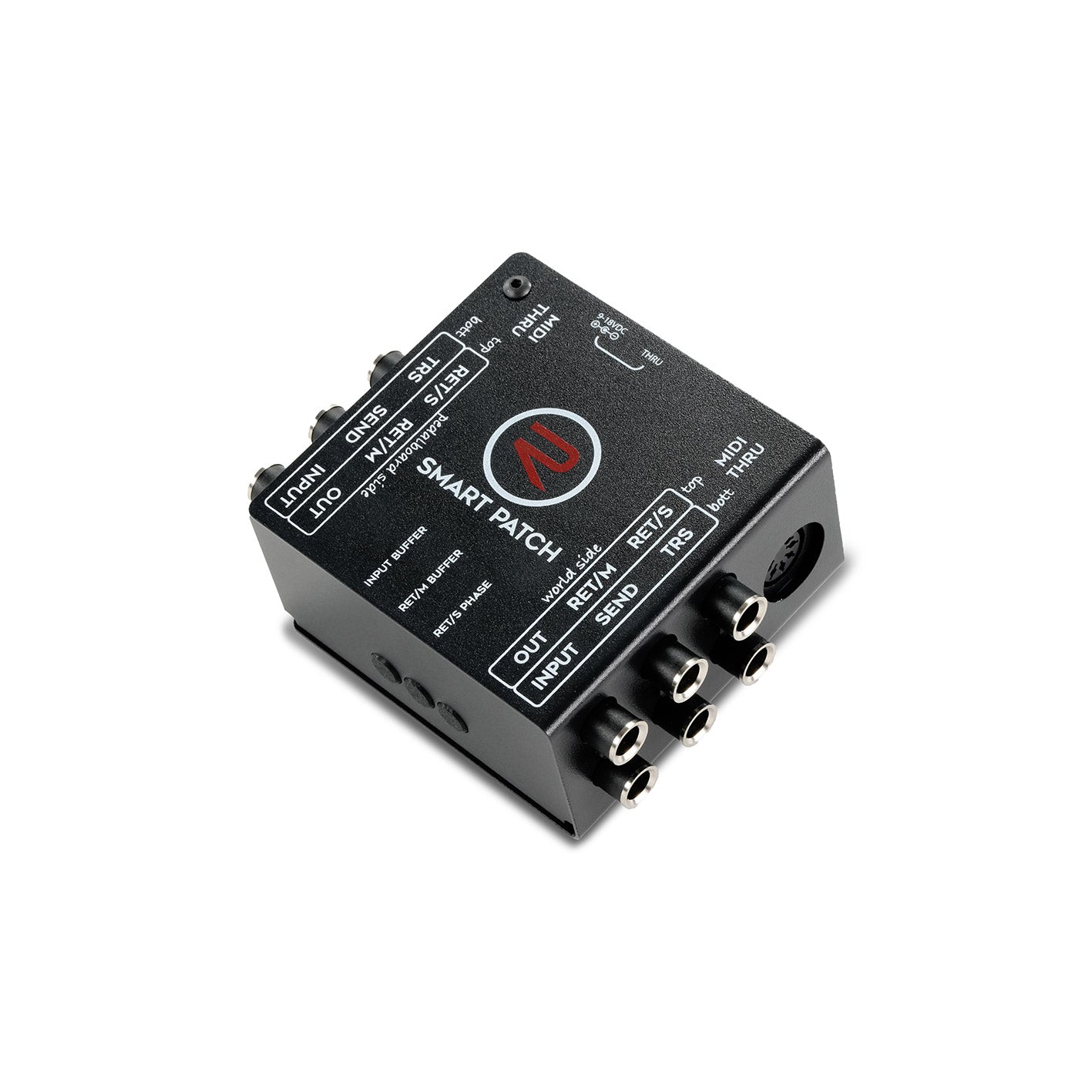 RedSeven Smart Patch signal router – pedalboard side with TRS, Send, Return and MIDI Thru connections