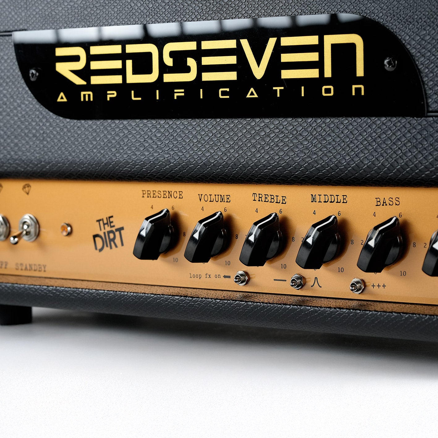 RedSeven The Dirt logo and EQ controls – boutique Italian high-gain amp detail